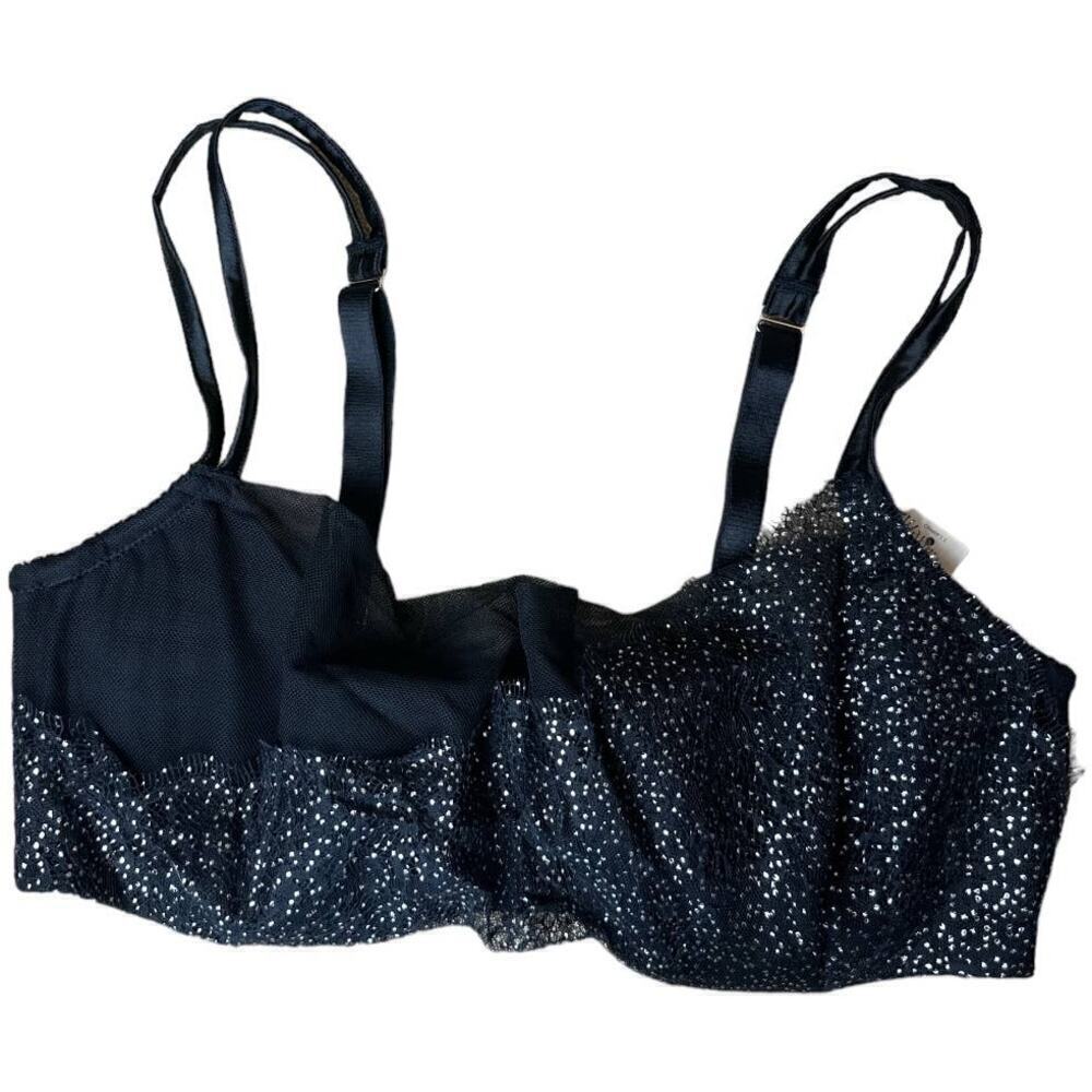 Cacique Black Silver Lurex Balcony Bra Women's Size 38DD NWT